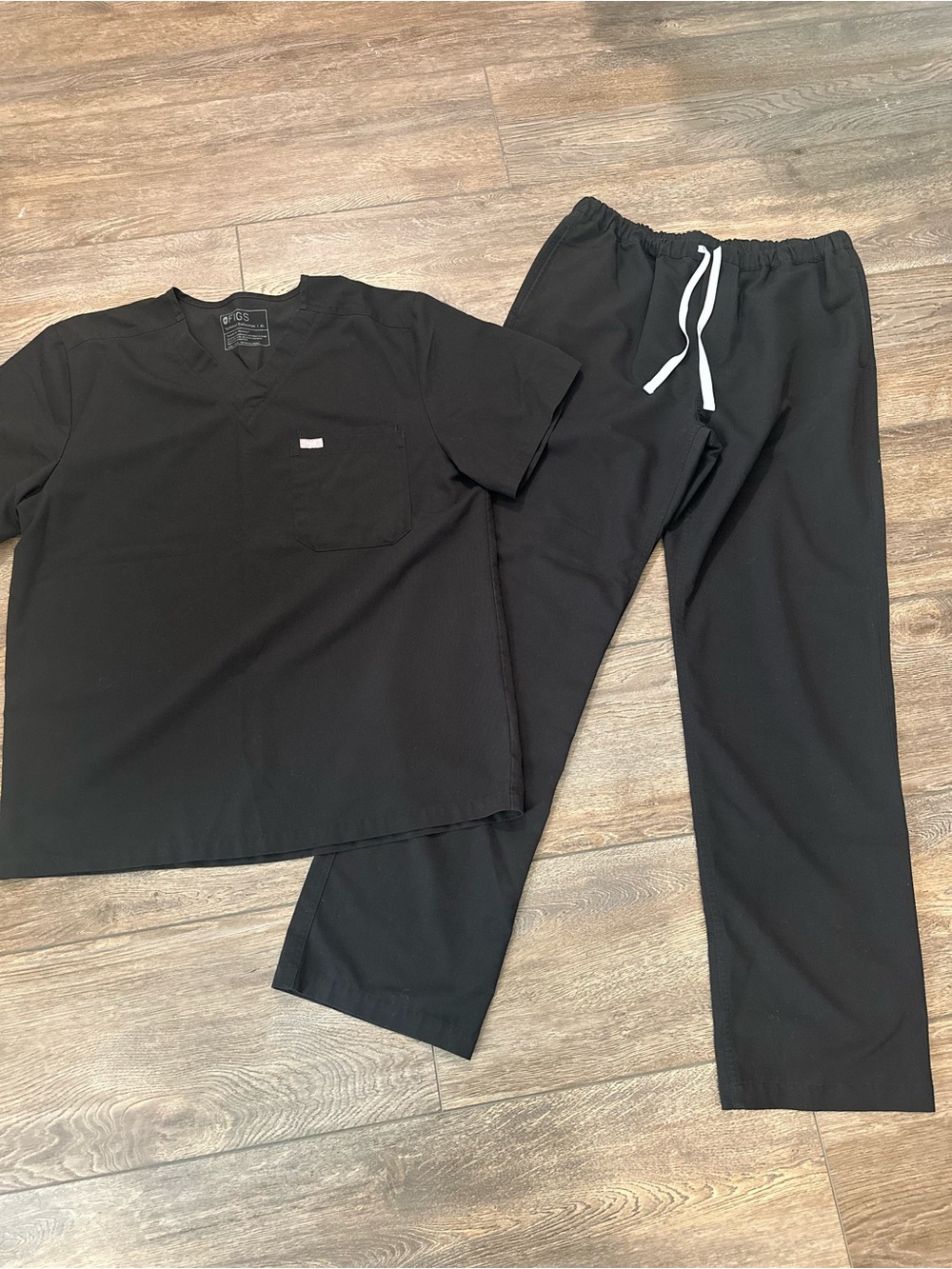 Figs Men's Black Scrub Top and Pants with White Drawstring